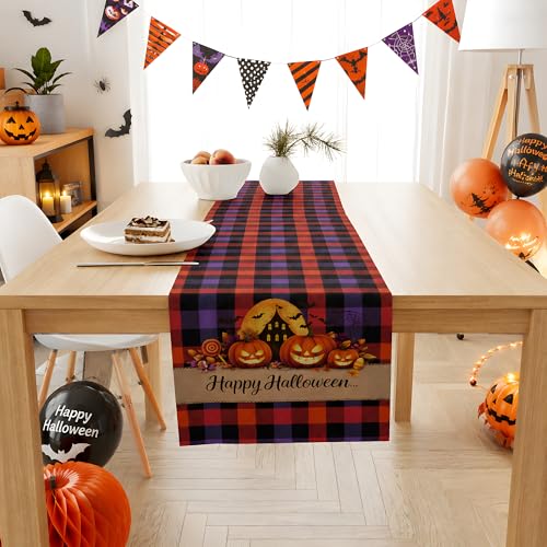Halloween Checkered Table Runner with Spooky Design - Fall Kitchen Decor - Halloween Party Favors - Variation: Halloween Plaid