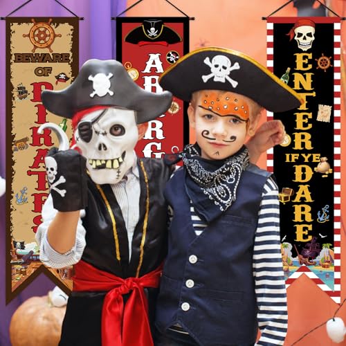 Pirate Party Decorations Banner Set - Beware of Pirates, Arrrggh Matey, Enter of Ye Dare - 3 Pieces, Pirate Theme Flags with Wooden Rod & Ribbons - Variation: 3 / Pirate