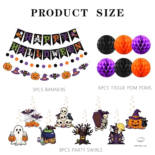 Halloween Party Decorations Indoor - Purple Orange Black Banner Pom Poms Swirls - Variation B
