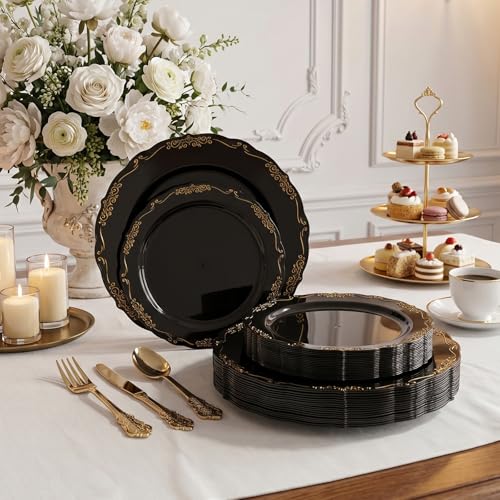 Black and Gold Plastic Dinnerware Set - 150 Pieces for Parties & Events