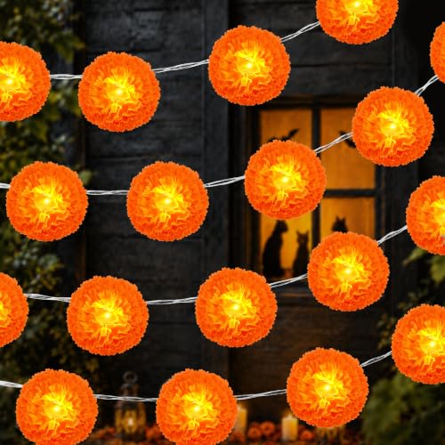 20Ft Orange Marigold Garland String Lights for Day of the Dead Decorations - 30 LEDs