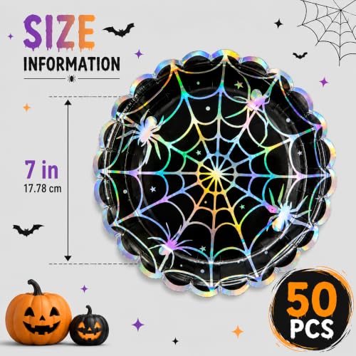 Spider Web Halloween Paper Plates 7 Inch - 50 Pack, Holographic Design