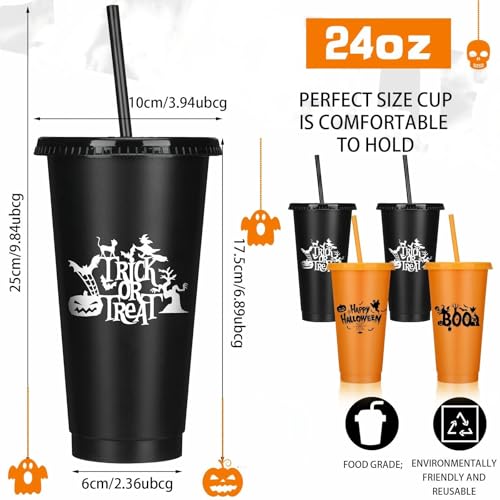 Halloween Plastic Cups with Lids and Straws - 24 oz Reusable Party Tumblers Set
