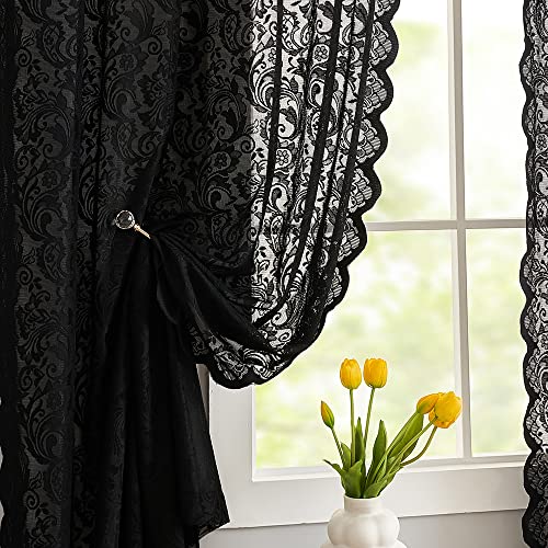 Black Sheer Lace Curtains Set of 2 - 52W x 96L Victorian Gothic Window Panels - Variation: Black / 52"W x 96"L