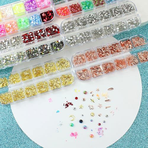 Nail Art Glitter Studs Kit with 6 Boxes, Multicolor & Design Set, 15 Sheets Gold Stickers, 3D Charms & Pickup Tools