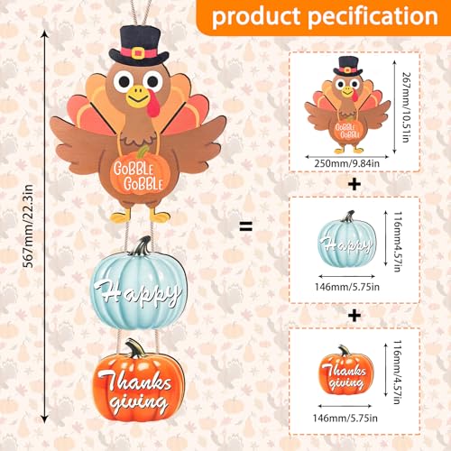 Thanksgiving Door Hanging Sign Decorations - Wooden Fall Wreath with Turkey & Pumpkin - Front Door Decor for Porch & Wall - Variation: Turkey