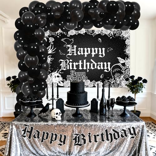Gothic Birthday Party Decorations Set - Skull Skeleton Backdrop Banner Cake Toppers