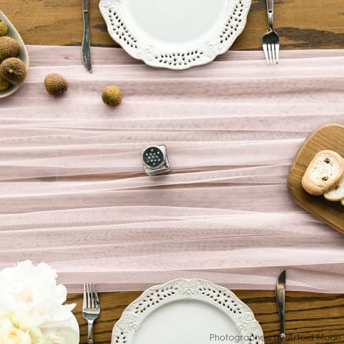 6PCS Blushing Pink Gauze Table Runner Set - 59 x 120 Inch for Holiday & Event Decor
