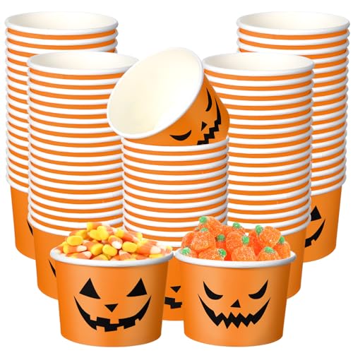 Halloween Paper Cups 9oz Disposable Pumpkin Ice Cream Bowls - Orange & Black Face, Pack of 100