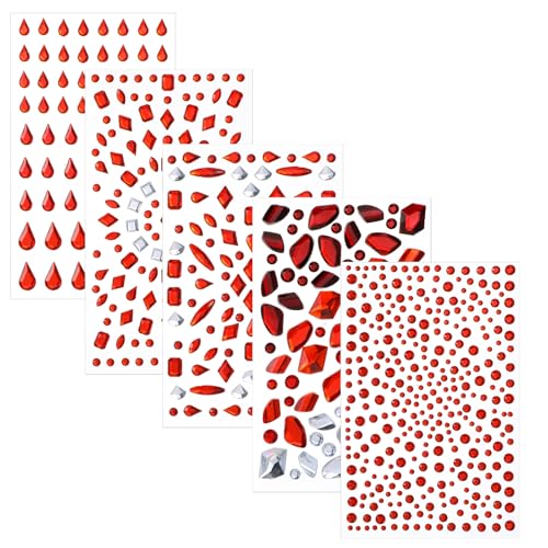 Self-Adhesive Face Gems Set for Halloween & Festivals - 5 Sheets Red & White Rhinestones for Body & Face Makeup
