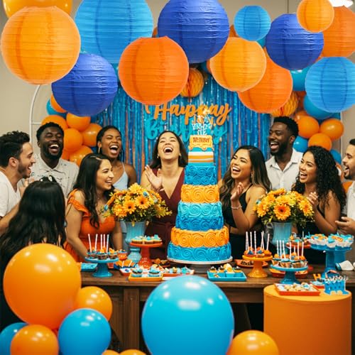 Blue Orange Paper Lanterns Set - 12 pcs Round Chinese Lanterns 4-12 Inch Variation