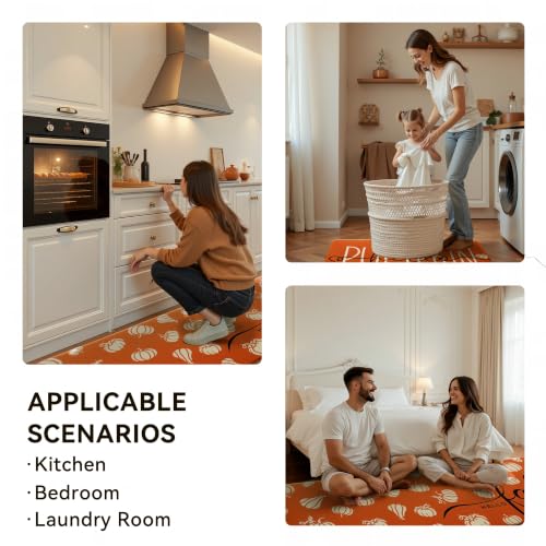 Autumn Pumpkin Kitchen Rug Set - Waterproof Non-Slip Anti-Fatigue Mats, 17.3x29 + 17.3x47 Inches - Orange, Rectangular, 0.4H