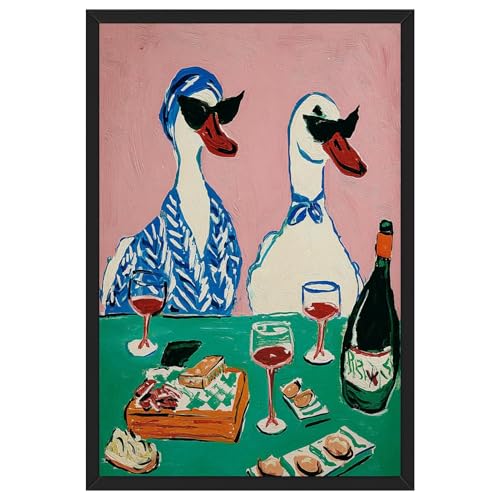 Duck Wine Party Canvas Wall Art 12x16 Inch Framed Animal Poster Nursery Decor Quirky Animal Art