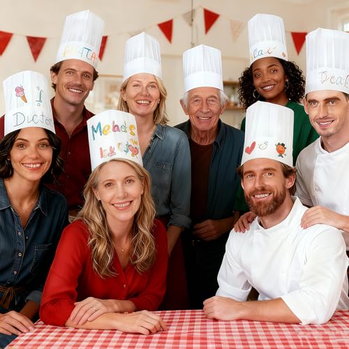24 Pack Disposable Chef Hats - 9 Inch Adjustable Tall White Paper Kitchen Caps