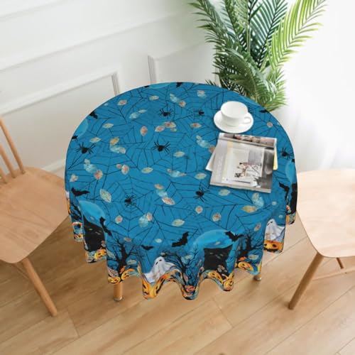 Halloween Round Tablecloth - Blue Spooky Ghost Pumpkins & Bats, 60 Inch, Non-Slip Wipeable Fabric - Variation: Blue / One Size