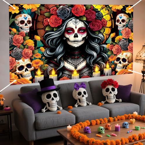 Day of the Dead Banner Decorations Sugar Skull Marigolds Mexican Altars - 71x43 Inch