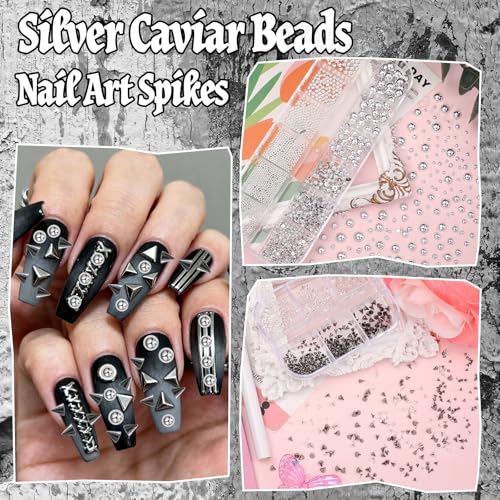 S2 Punk Nail Charms Kit - Black Silver Spike & Caviar Beads for Gothic Nails