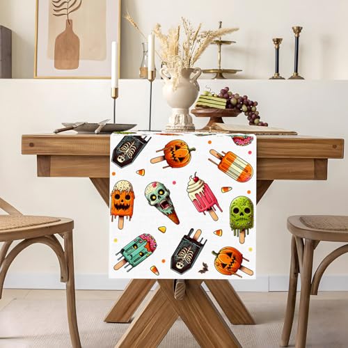 Halloween Ice Cream Party Table Runner 13x108 Inches Spooky Pumpkin Skull Decor