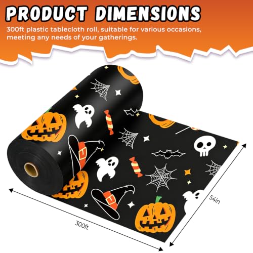 Halloween Plastic Table Cover Roll - Pumpkin Ghost Design, 54x3600 Inches, Disposable Party Decor