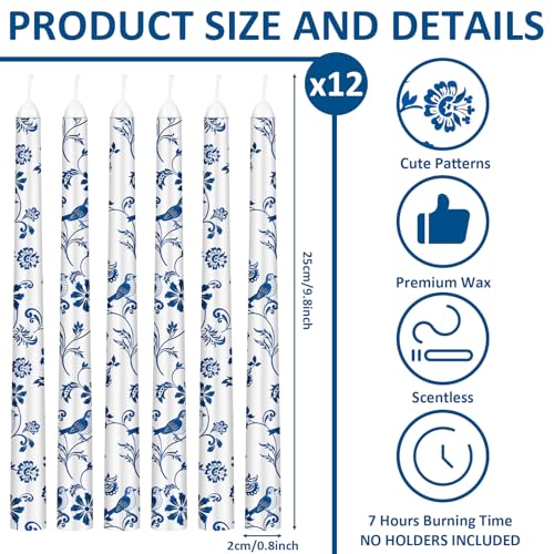 Blue White Elegant Taper Candles 12 Pack - Chinoiserie Floral 10 Inch Decor