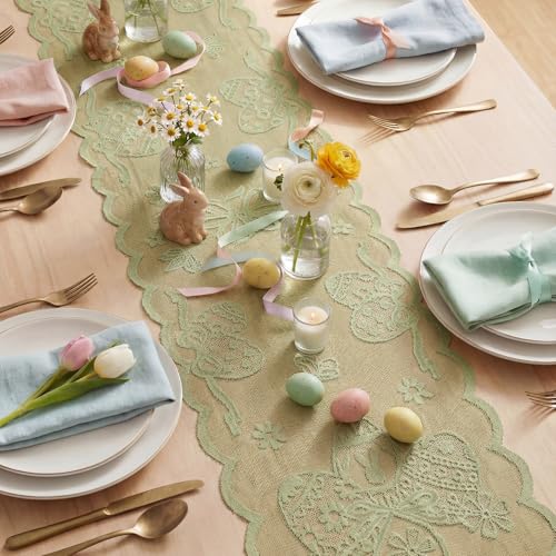 Egg Bowknot Green Lace Jacquard Table Runner 13x72 Inch for Easter Home Decor