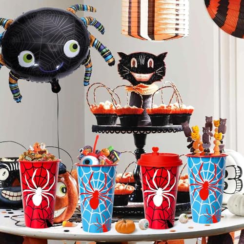 24 Pack Halloween Spider Web Plastic Party Cups with Lids - Reusable Kids Birthday Favors