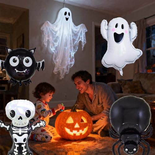 Halloween Skeletons, Ghost, Bat & Spider Foil Balloons Set - Black H