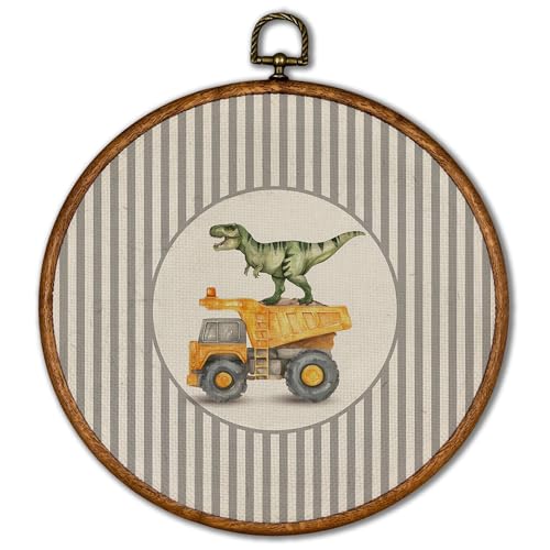 KSDUT Vintage Tyrannosaurus and Dump Truck Round Wall Art 10x10 Inches - Colour 15
