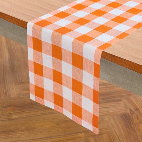 Linen Table Runner 14x72 Pumpkin & White Check - Handcrafted, Eco-Friendly