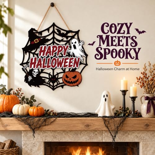 Spooky Halloween Wall Decor Signs - Happy Halloween Spider Web Variation