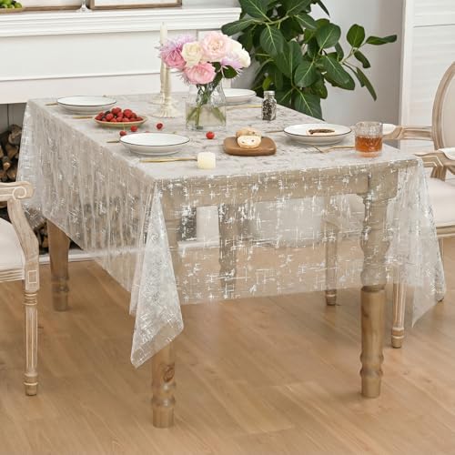 60x60 Inch White Silver Gauze Tablecloth with Silver Star Sequin for Wedding & Party - Sheer Tulle