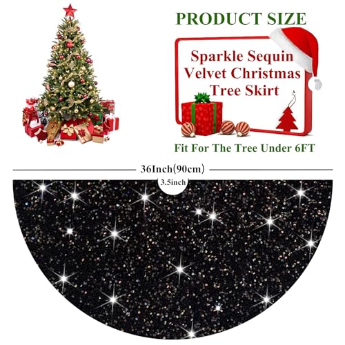 Black Sequin Christmas Tree Skirt 36 Inch Velvet Holiday Decor for Indoor & Outdoor