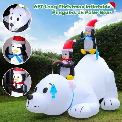 6 Ft Inflatable Christmas Polar Bear with Penguins LED Lights Outdoor Yard Decor