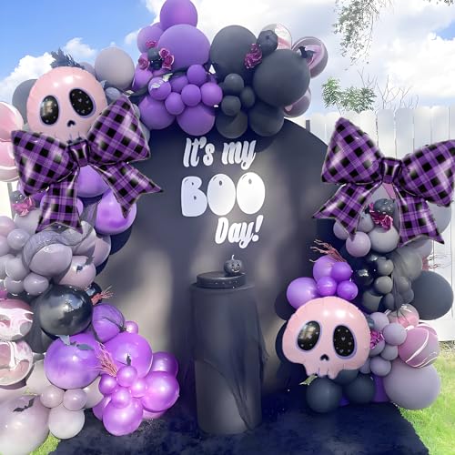 Dark Academia Halloween Balloons Set with Bow and Skull Decor - Black & Purple