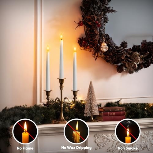 Flameless Taper Candles with Remote & Timer - 9.6 Inches, White - 6 pcs