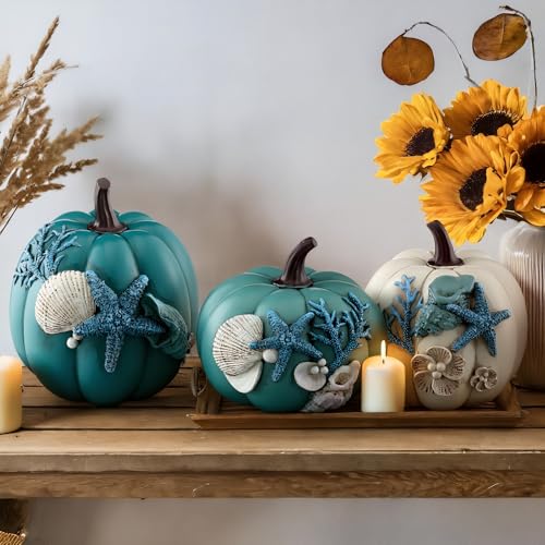 Blue Ocean Fall Pumpkin Decor Set - 3 Resin Autumn Pumpkins with Gold Stems & Sea Details - Coastal Thanksgiving & Halloween Home Decor - Variation of THIS listing
