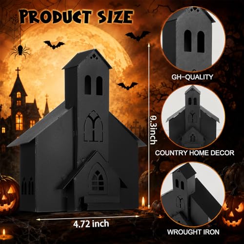 Gothic Haunted House Decor - Metal Village House for Halloween Tabletop - Black & Distressed Finish