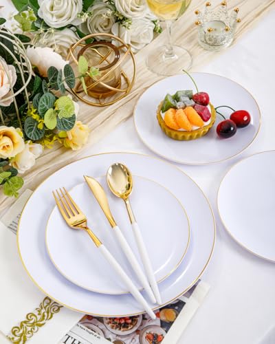 150pcs White and Gold Disposable Dinnerware Set - Heavy Duty Plates & Cutlery for Weddings & Parties