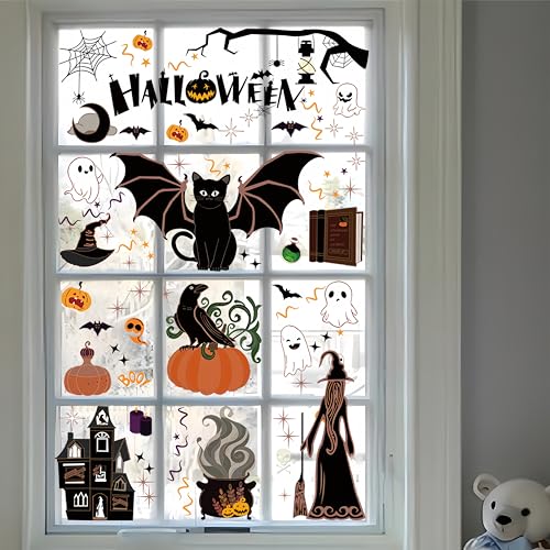 Reusable Gothic Halloween Window Clings - Vintage Victorian Ghost & Cat Design