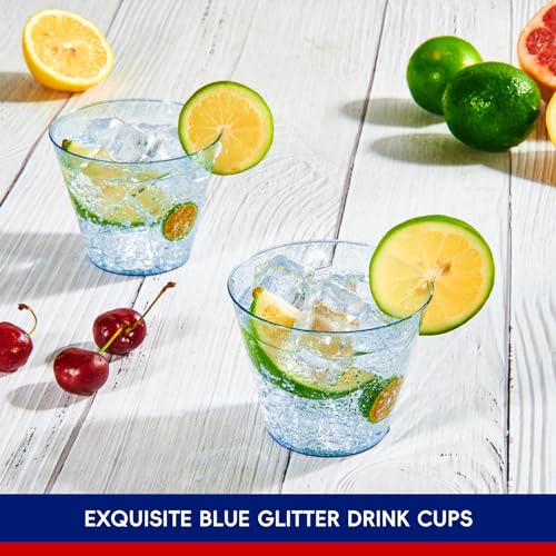Blue Glitter Disposable Plastic Cups 9 oz - 100 Pack, Elegant Party Tumblers