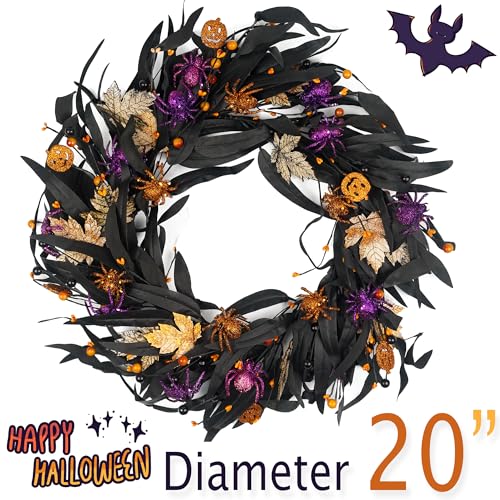 Black 20 Inch Halloween Wreath with Fall Leaves Pumpkins & Spider - Indoor Outdoor Decor