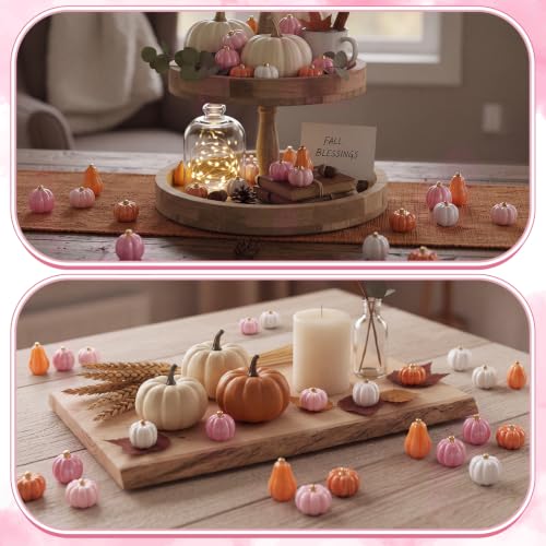 Mini Pink Resin Pumpkins for Crafts & Fall Decor - 100 Pieces, Variation Pink+White+Brown