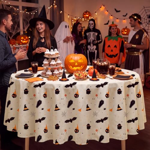 Halloween Tablecloth 6 Pack 84 Inch Round Plastic Bat Ghost Table Covers - Pumpkin Beige Variation