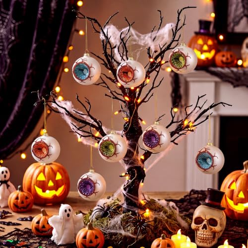 Halloween Glass Eyeball Ornaments Set of 8 - Reflector & Glitter Accents