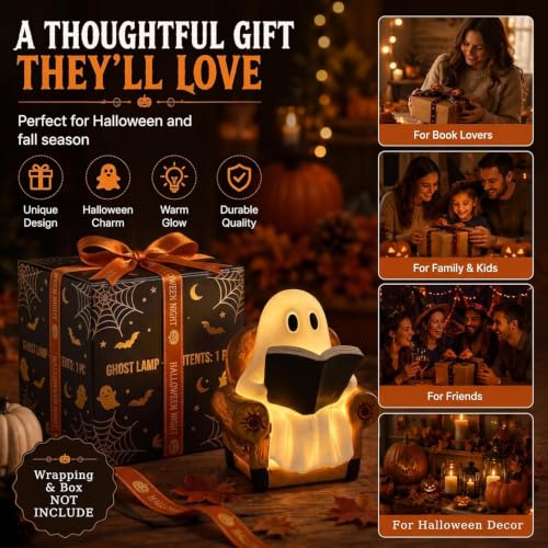 Cute Ghost Book Lamp with LED Light - Halloween & Reading Nook Decor