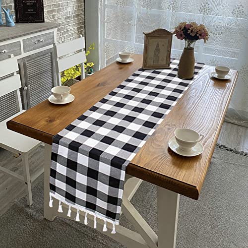 Black and White Checkered Table Runner 14x90 Inches Gingham Halloween Decor