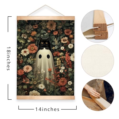 Ghost and Black Cat Gothic Wall Art Canvas - Colorful Halloween Decor, 18.5x14 Inch - Ghost01