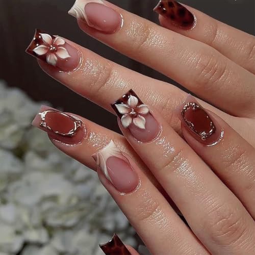 Fall Press on Nails Medium Square Fake Nails Brown Nails - Nails7-14