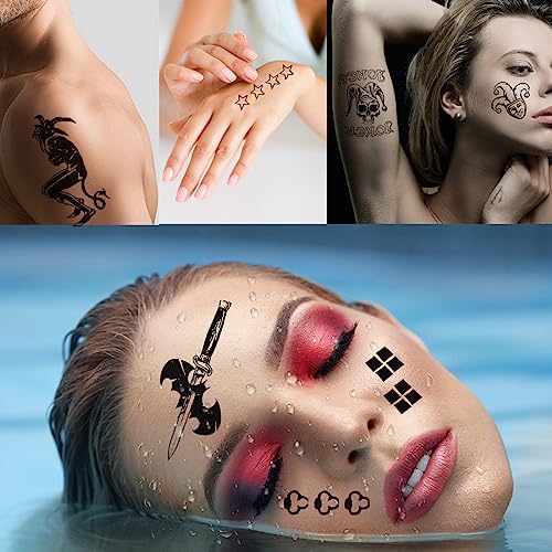 Halloween Joker Temporary Tattoos Sticker Set - Black, 4 Sheets for Men & Women