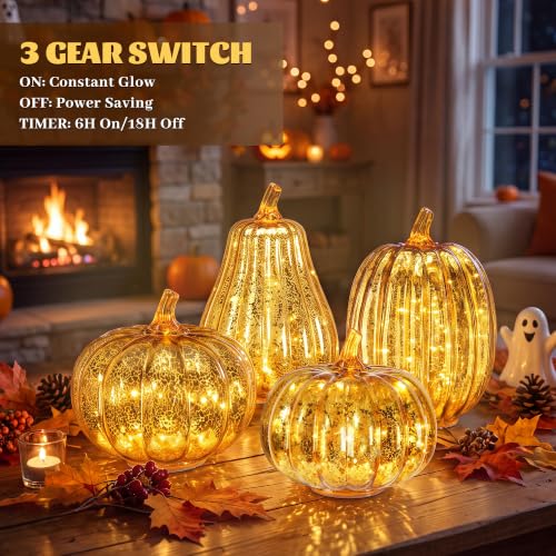 Set of 4 Glass Pumpkin Lights for Fall Halloween Decoration - Autumn Decor